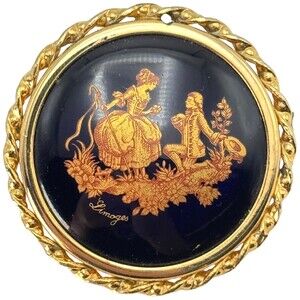 Limoges Courting Couple Figures Pin Brooch ~2" Blue Gold Porcelain France VTG